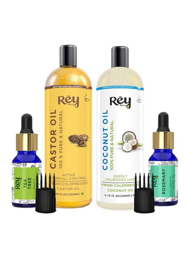 Rey Naturals Tea Tree Oil, Rosemary Oil, Coconut Oil, Castor Oil For Hair Growth, Dandruff & Hairfall Control, Acne, Dark Spots (15Ml*2+200Ml*2), Cold Pressed Oil For Skin & Hair Care, Herbal Hair Oil - Image 1