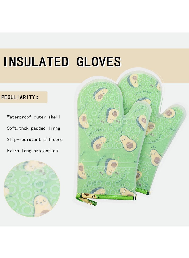 SYOSI SYOSI Silicone Oven Mitts, Kitchen Heat Resistant Gloves Waterproof Anti-scalding Baking Potholders with Silicone Shell & Cotton Lining for Oven/Microwave/BBQ/Baking (Avocado)  - Image 2