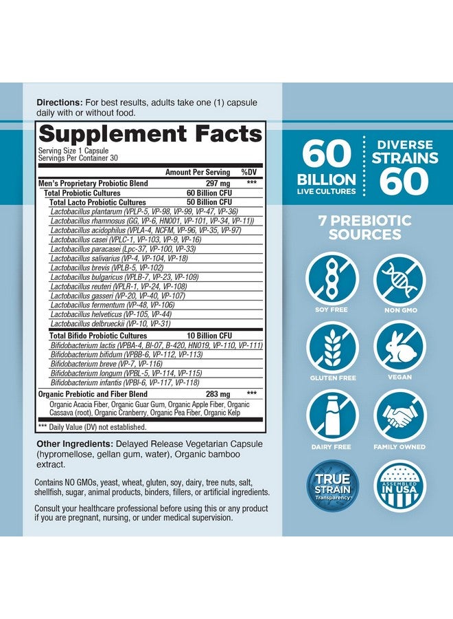 Vital Planet - Vital Flora Men’s Daily Probiotic, 60 Billion CFU, 60 Diverse Strains, 7 Organic Prebiotics, Immune Support, Gas Relief, Colon and Digestive Health Probiotics for Men 30 Capsules - Image 2