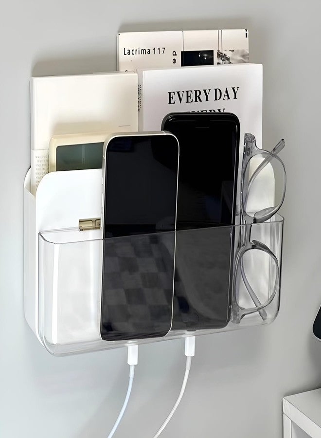GWEOBZ Adhesive Remote Control Holder Wall Mounted Phone Charging Holder Universal Controller Holder Wall Mount Storage Organizer Box No Drilling Home Office Desk (Bedside Shelf) - Image 1