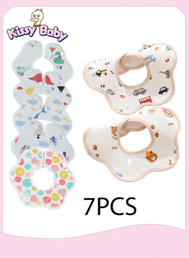 Kissy Baby Baby Bibs Cotton, Muslin Baby Bibs, 7Pcs Soft Absorben Bandana Bib for Drooling & Teething for Girls & Boys, Cute Cartoon Adjustable Multi-Functional Scarf Burp Cloths - Image 1
