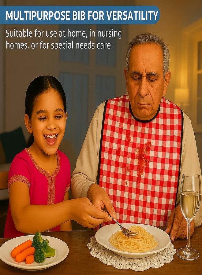 MAKSTILE Adult Bib| Extra-Long Adult Dining Bib for Elderly–2-Layer Absorbent Cotton & Waterproof Backing, Washable Reusable Clothing Protector for Senior Citizens, Disabled & Bedridden - Red - Image 4