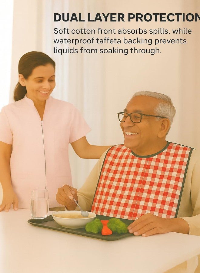 MAKSTILE Adult Bib| Extra-Long Adult Dining Bib for Elderly–2-Layer Absorbent Cotton & Waterproof Backing, Washable Reusable Clothing Protector for Senior Citizens, Disabled & Bedridden - Red - Image 3