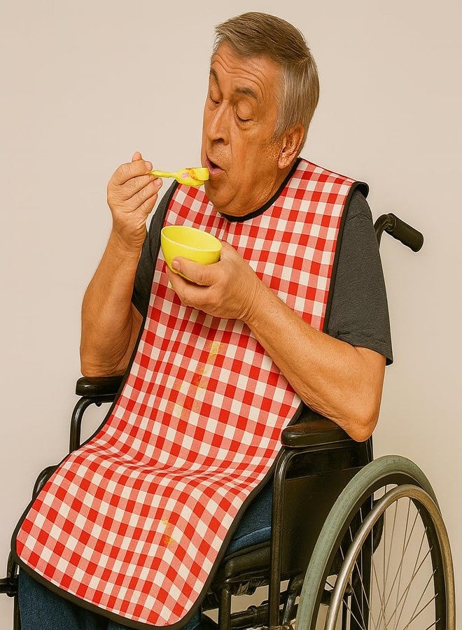MAKSTILE Adult Bib| Extra-Long Adult Dining Bib for Elderly–2-Layer Absorbent Cotton & Waterproof Backing, Washable Reusable Clothing Protector for Senior Citizens, Disabled & Bedridden - Red - Image 5