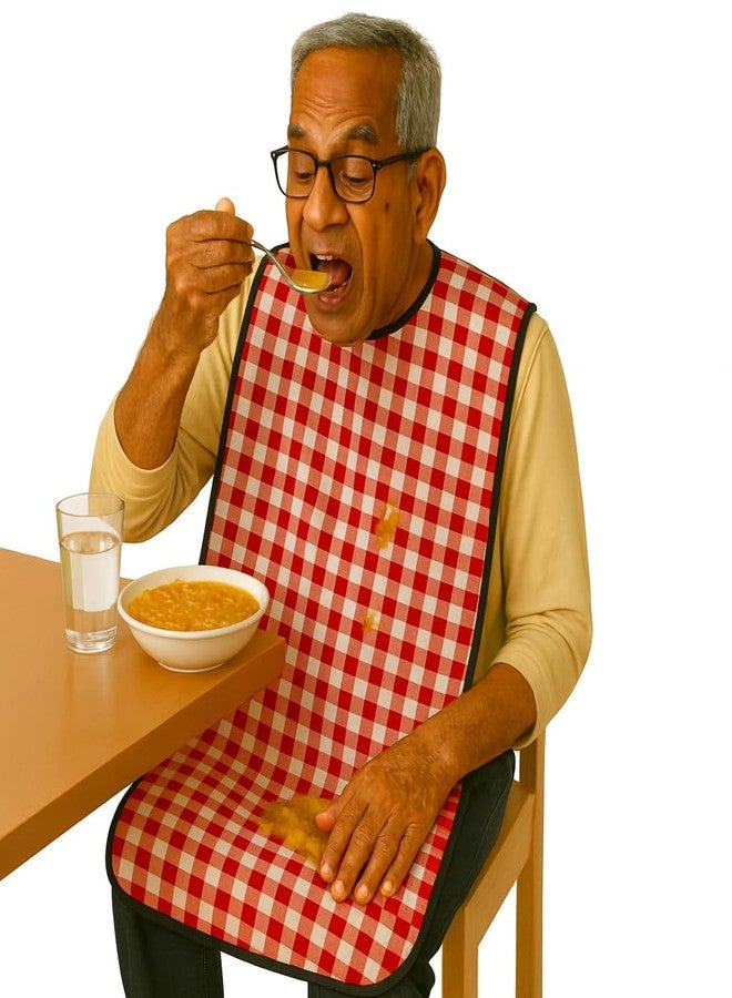 MAKSTILE Adult Bib| Extra-Long Adult Dining Bib for Elderly–2-Layer Absorbent Cotton & Waterproof Backing, Washable Reusable Clothing Protector for Senior Citizens, Disabled & Bedridden - Red - Image 2