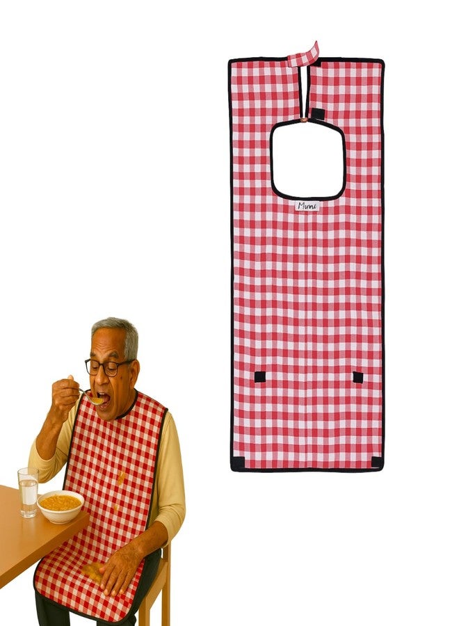MAKSTILE Adult Bib| Extra-Long Adult Dining Bib for Elderly–2-Layer Absorbent Cotton & Waterproof Backing, Washable Reusable Clothing Protector for Senior Citizens, Disabled & Bedridden - Red - Image 1