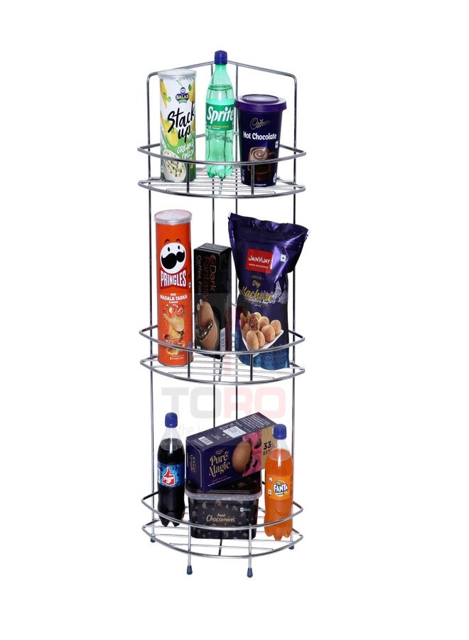 TORO Stainless Steel Kitchen Rack - Multipurpose Kitchen Organizer, Corner Shelf (Chrome Finish) (Tripal Layer) - Image 1