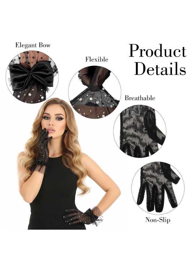 Women's Black Sheer Mesh Short Gloves with Rhinestones & Bows for Formal & 1920s Costume - Image 3