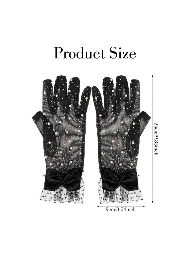 Women's Black Sheer Mesh Short Gloves with Rhinestones & Bows for Formal & 1920s Costume - Image 2