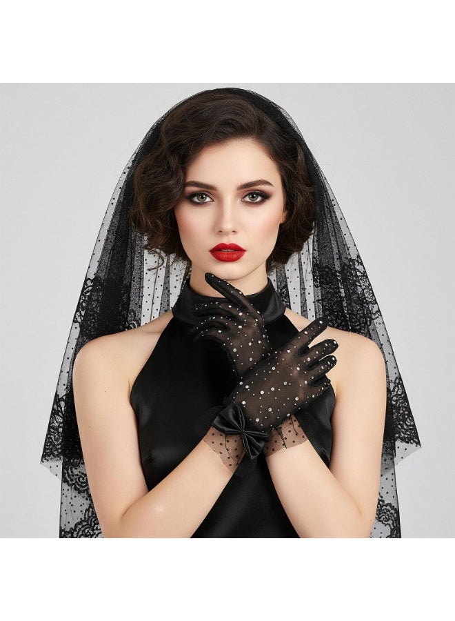 Women's Black Sheer Mesh Short Gloves with Rhinestones & Bows for Formal & 1920s Costume - Image 5