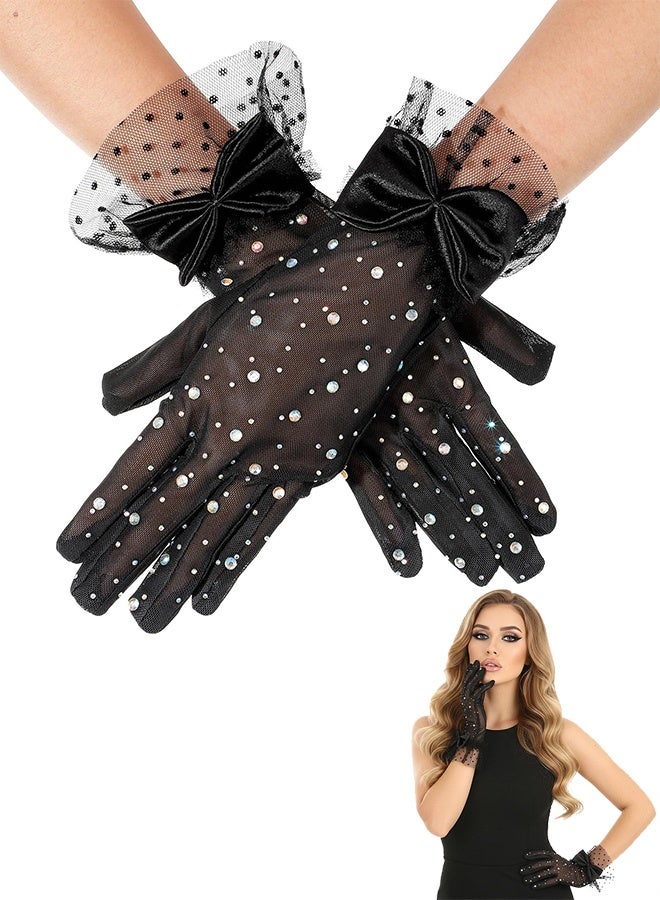 Women's Black Sheer Mesh Short Gloves with Rhinestones & Bows for Formal & 1920s Costume - Image 1