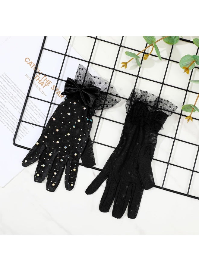 Women's Black Sheer Mesh Short Gloves with Rhinestones & Bows for Formal & 1920s Costume - Image 4