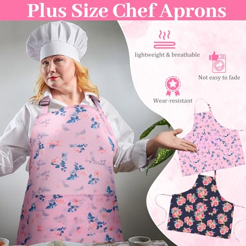 Skicuff 2 Pack Plus Size Floral Aprons Women Adjustable Vintage Kitchen Chef Apron with 2 Pockets for Cooking, Work, Baking, 35.43 x 39.37 Inch(Pink,Black,Floral) - Image 4