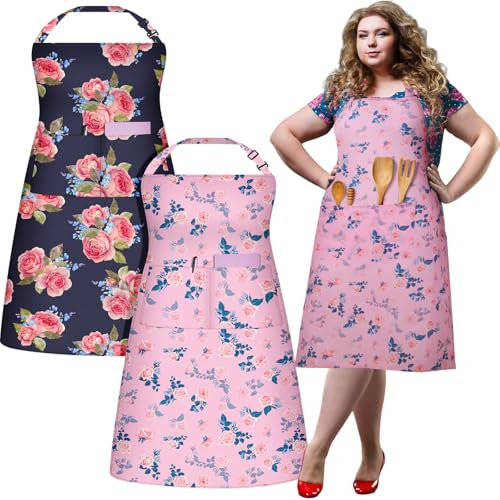 Skicuff 2 Pack Plus Size Floral Aprons Women Adjustable Vintage Kitchen Chef Apron with 2 Pockets for Cooking, Work, Baking, 35.43 x 39.37 Inch(Pink,Black,Floral) - Image 1