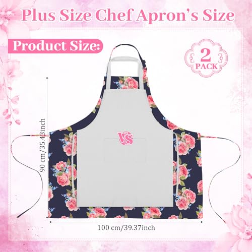 Skicuff 2 Pack Plus Size Floral Aprons Women Adjustable Vintage Kitchen Chef Apron with 2 Pockets for Cooking, Work, Baking, 35.43 x 39.37 Inch(Pink,Black,Floral) - Image 2