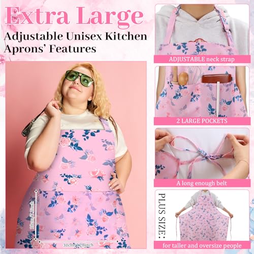 Skicuff 2 Pack Plus Size Floral Aprons Women Adjustable Vintage Kitchen Chef Apron with 2 Pockets for Cooking, Work, Baking, 35.43 x 39.37 Inch(Pink,Black,Floral) - Image 3