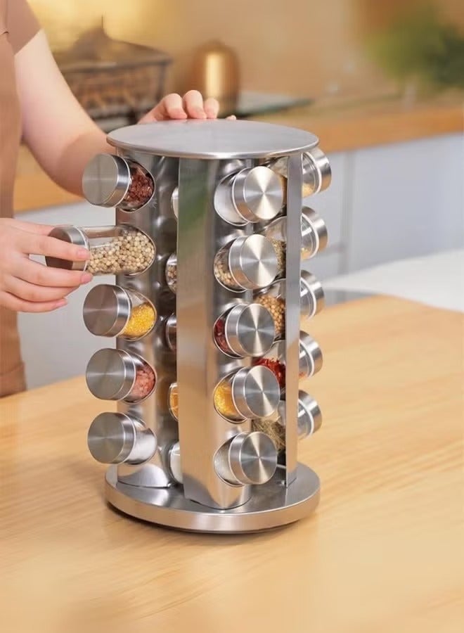 رف دوار منظم للتوابل و البهارات  مع 20 علبة زجاجية فضي - Image 1