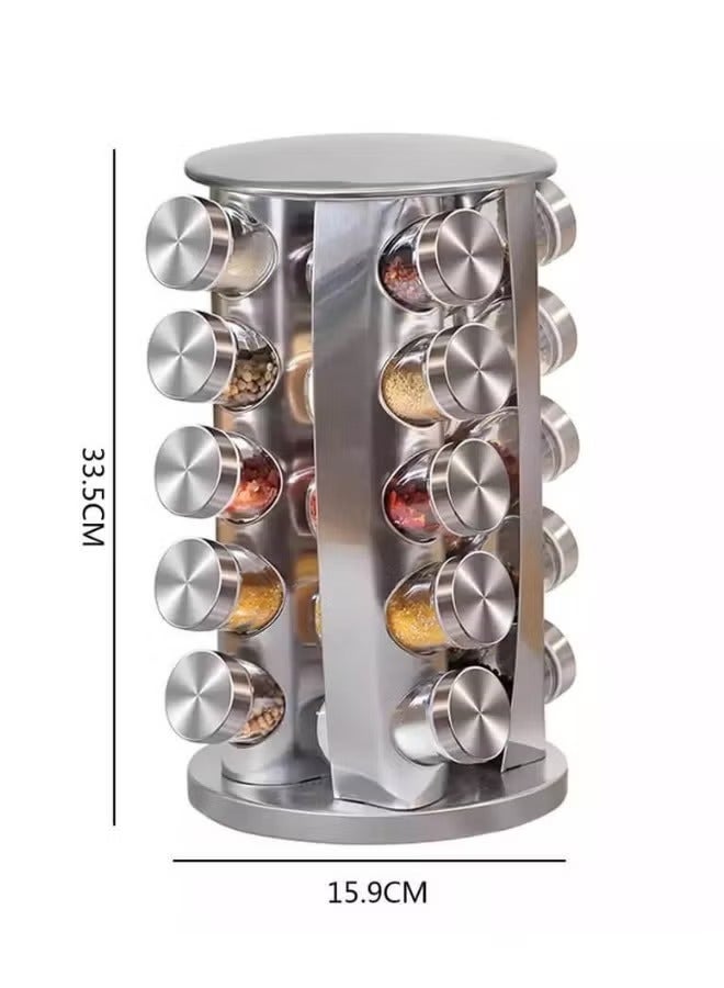 رف دوار منظم للتوابل و البهارات  مع 20 علبة زجاجية فضي - Image 2