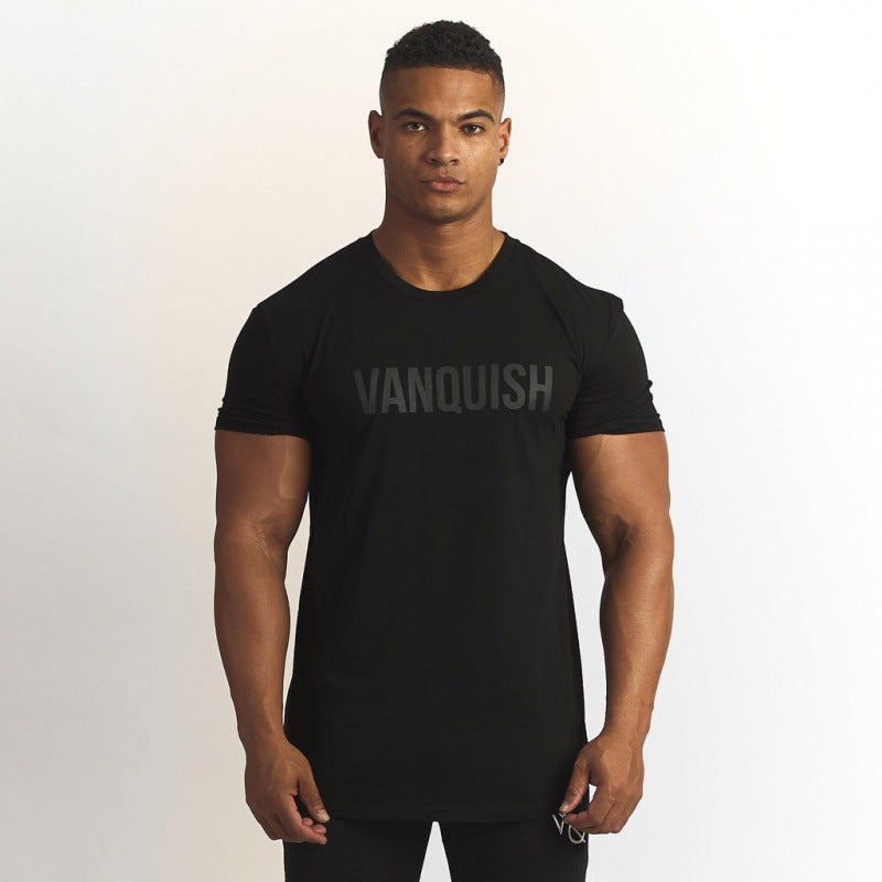 Summer New Fitness Sports Casual Short-Sleeved Running Sweat-Absorbent Tight Cotton T-Shirt Dropshipping Black with black