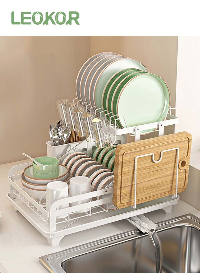 LEOKOR Dish Drying Rack with Drainer Board, 2 Tier Dish Rack for Kitchen Counter with Cup Holder, Anti-Rust Dish Drainer Rack with Utility Hook Utensil Holder Cutting Board Rack, White - Image 1