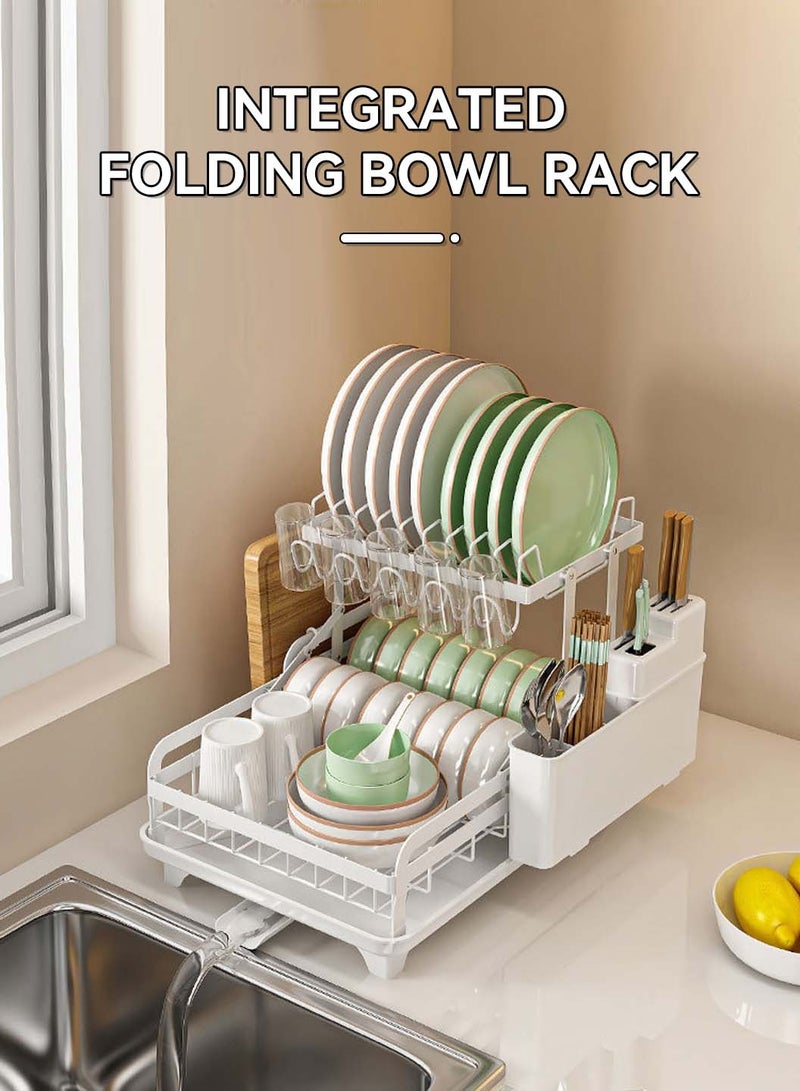LEOKOR Dish Drying Rack with Drainer Board, 2 Tier Dish Rack for Kitchen Counter with Cup Holder, Anti-Rust Dish Drainer Rack with Utility Hook Utensil Holder Cutting Board Rack, White - Image 2