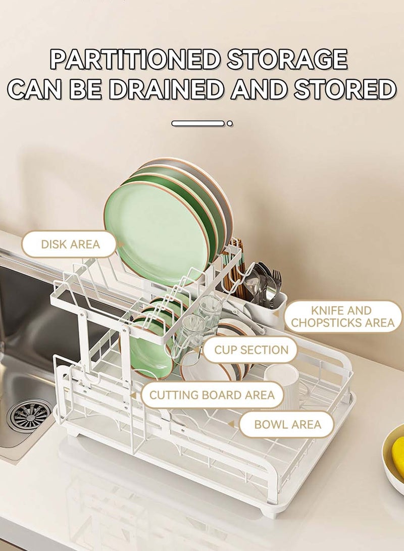 LEOKOR Dish Drying Rack with Drainer Board, 2 Tier Dish Rack for Kitchen Counter with Cup Holder, Anti-Rust Dish Drainer Rack with Utility Hook Utensil Holder Cutting Board Rack, White - Image 3