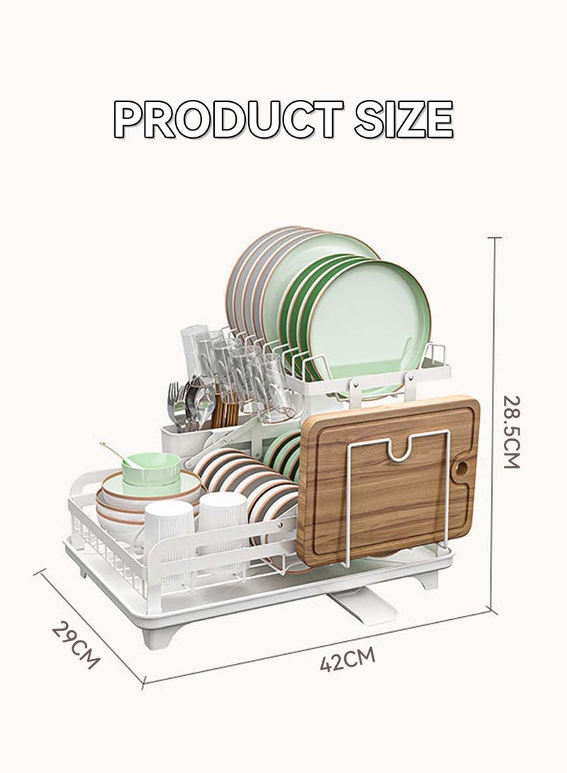 LEOKOR Dish Drying Rack with Drainer Board, 2 Tier Dish Rack for Kitchen Counter with Cup Holder, Anti-Rust Dish Drainer Rack with Utility Hook Utensil Holder Cutting Board Rack, White - Image 4