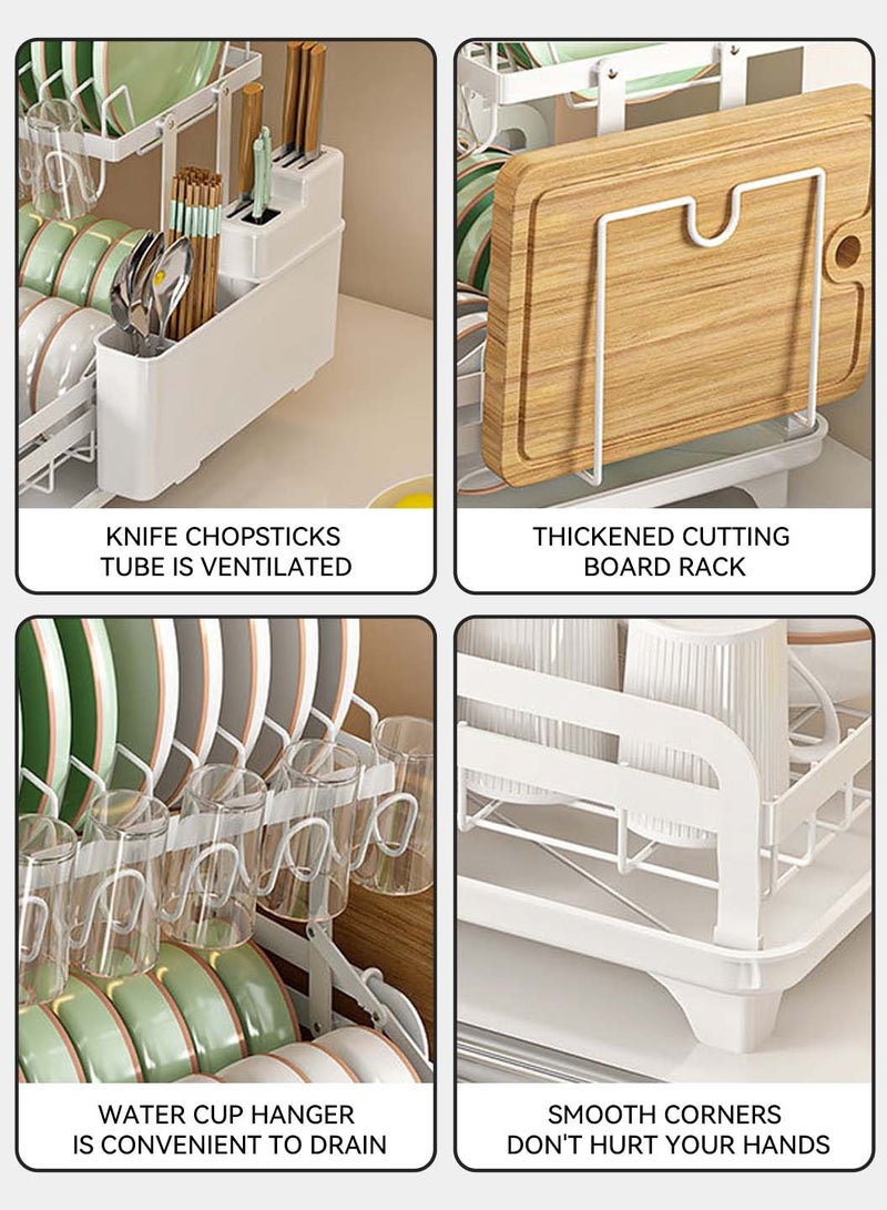 LEOKOR Dish Drying Rack with Drainer Board, 2 Tier Dish Rack for Kitchen Counter with Cup Holder, Anti-Rust Dish Drainer Rack with Utility Hook Utensil Holder Cutting Board Rack, White - Image 5