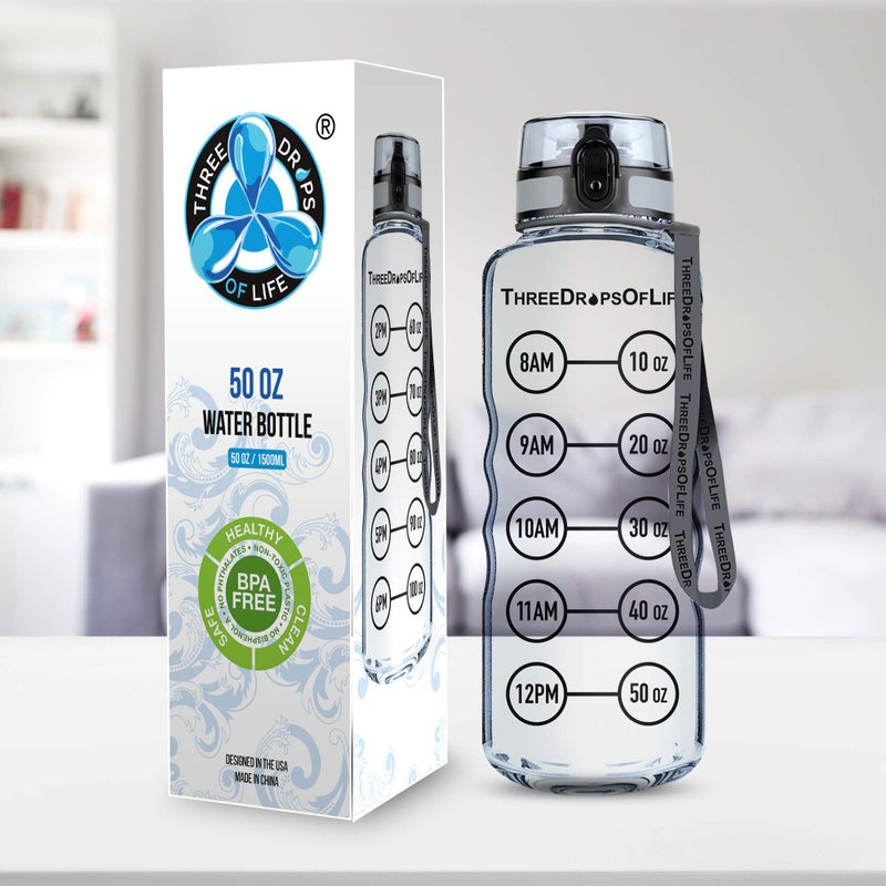 ثري دروبس أوف لايف 50oz Sport Water Bottle - أفضل لترطيب عالية السعة - تريتان بلاستيك صافية BPA Free Flip Top Top Top Proof Lid Lid New Courser Strong القابلة لإعادة الاستخدام 50 أوقية زجاجة رياضية صافية - Image 2