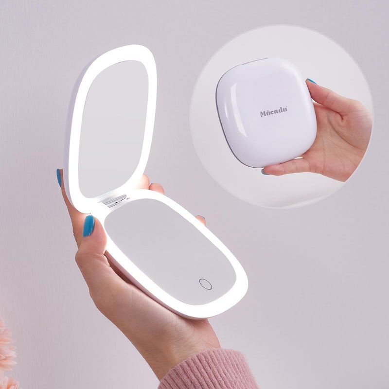 Mocado Compact LED Magnifying Travel Makeup-Mirror - 4 inches 1X/10X Magnification Small Hand Pocket Dimmable Double Sided USB Rechargeable Touch Screen, Portable Tabletop Cosmetic (White) - Image 1