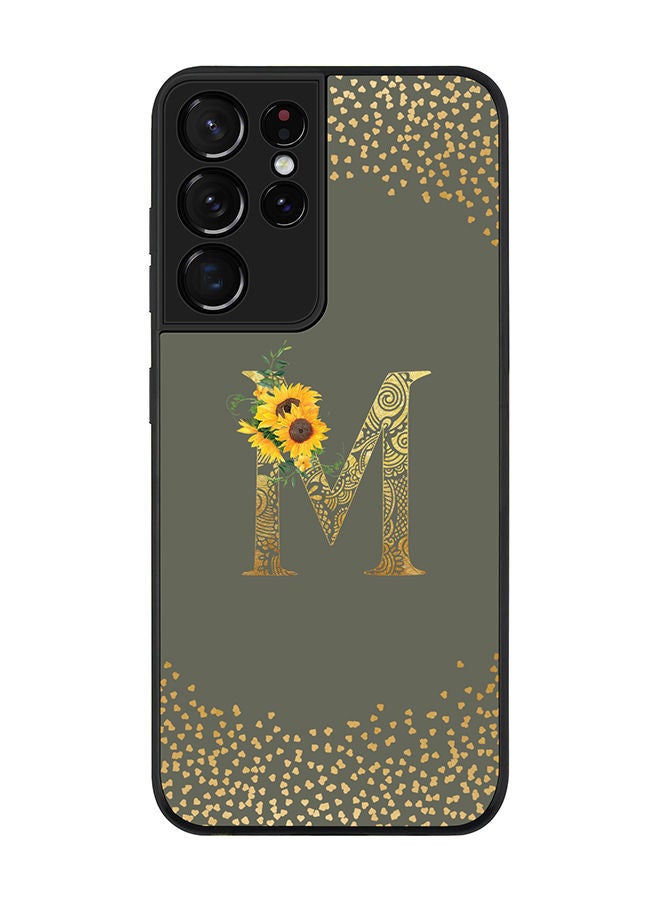 Stylizedd Rugged Black edge case for Samsung Galaxy S21 Ultra 5G Slim fit Soft Case Flexible Rubber Edges Anti Drop TPU Gel Thin Cover - Custom Monogram Initial Letter Floral Pattern Alphabet - M (Olive Green ) - Image 1
