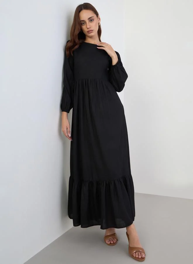 Styli Solid Balloon Sleeves A-Line Maxi Dress