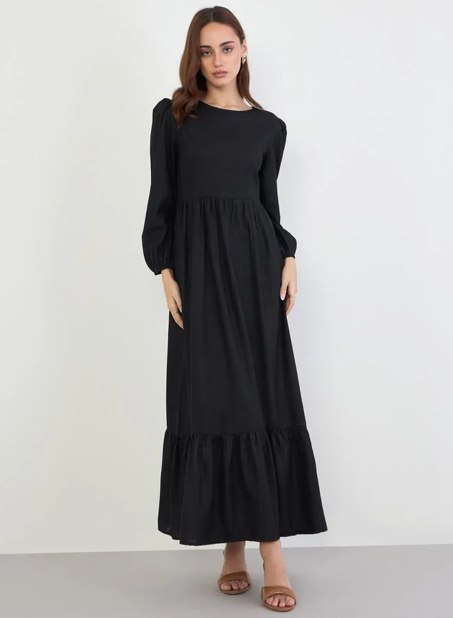 Styli Solid Balloon Sleeves A-Line Maxi Dress