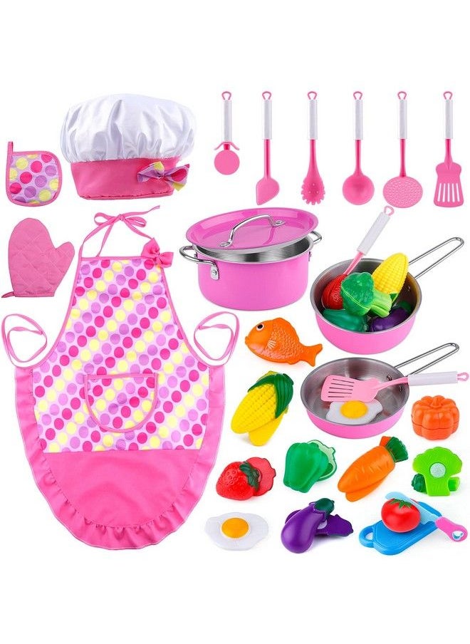 INNOCHEER - Kids Kitchen Cooking Playing Set 38 Pcs Kids Aprons For Girls Toddler Chef Hat Apron Dress Up Chef Costume Kids Baking Gift For 3 4 5 6 Year Old Girls Boys - Image 1