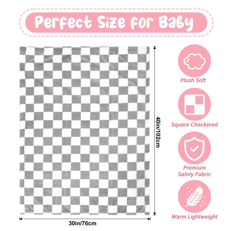 GreatBba Plush Checkered Baby Blanket for Boys Girls Nursery, 30"*40" Warm Short Fleece Blanket Neutral for Infant Newborn, Small Fuzzy for Sleeping, Chenille or Stroller (Gray&White) - Image 5