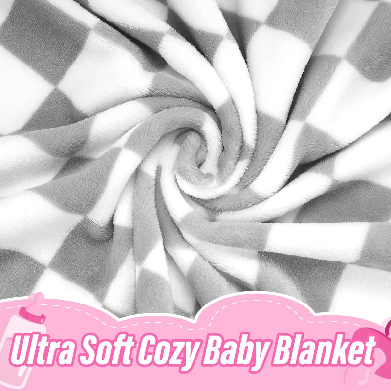 GreatBba Plush Checkered Baby Blanket for Boys Girls Nursery, 30"*40" Warm Short Fleece Blanket Neutral for Infant Newborn, Small Fuzzy for Sleeping, Chenille or Stroller (Gray&White) - Image 2
