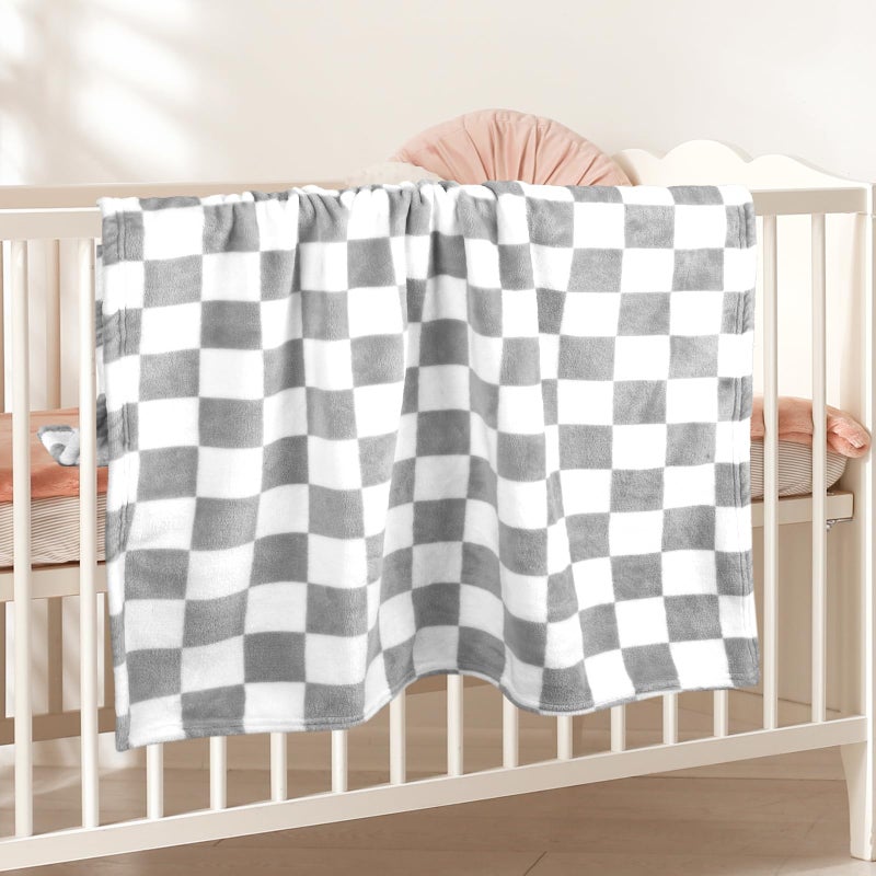 GreatBba Plush Checkered Baby Blanket for Boys Girls Nursery, 30"*40" Warm Short Fleece Blanket Neutral for Infant Newborn, Small Fuzzy for Sleeping, Chenille or Stroller (Gray&White) - Image 3