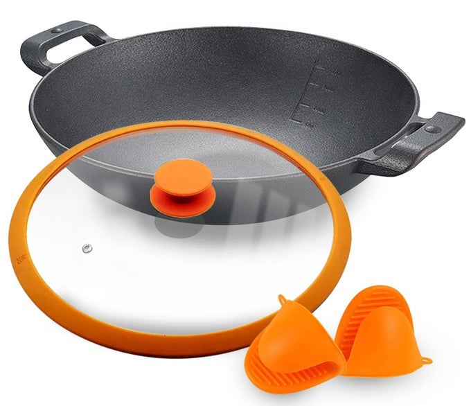 PRESEASONED CAST IRON WOKKADAIKADHAI 26 CMS COOKWARE WITH GLASS LID HEAVY DUTY INDUCTION FRIENDLY ORANGE