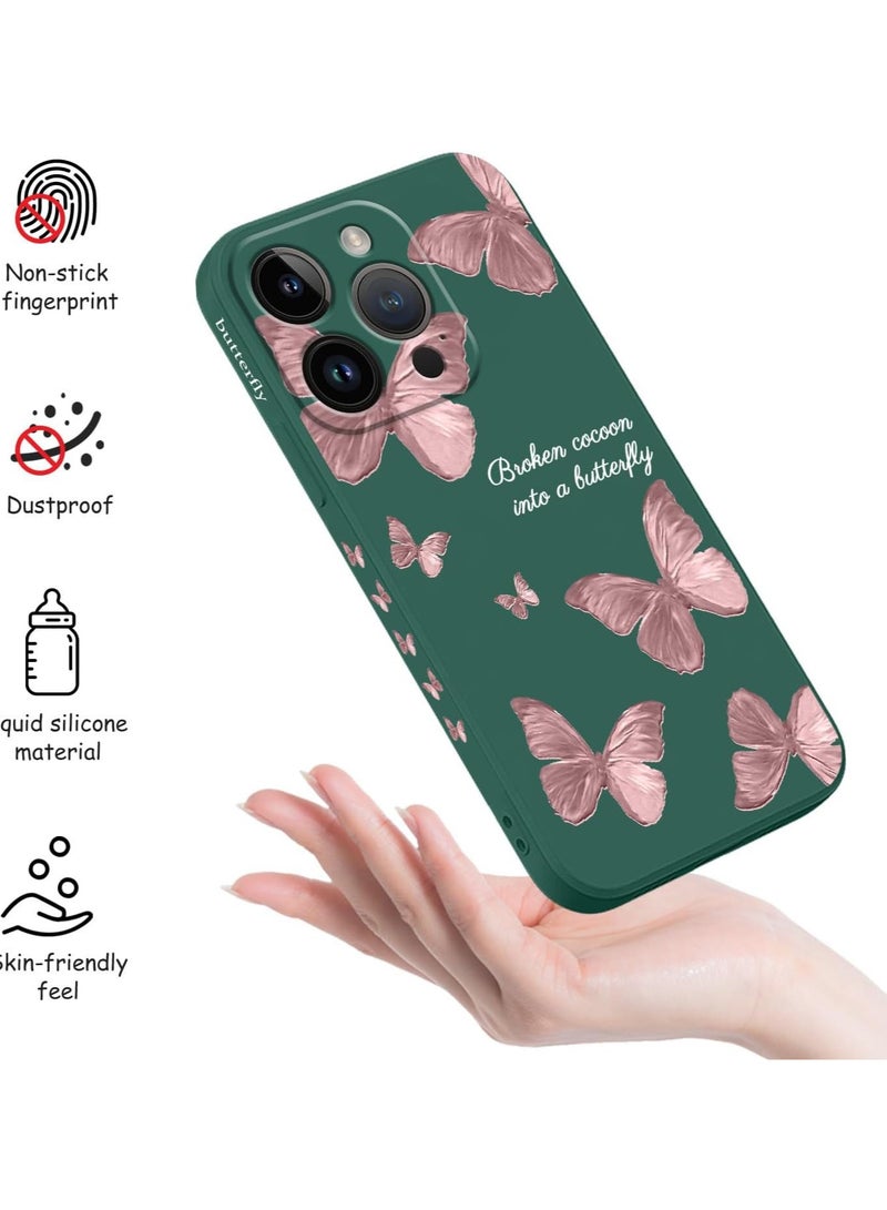 غطاء هاتف iPhone 12 Pro Max بتصميم زهرة فراشة فضائي لطيف، مع بطانة ناعمة من الألياف الدقيقة ومصنوع من السيليكون السائل النحيف، متوفر باللون الأخضر الداكن. - Image 3