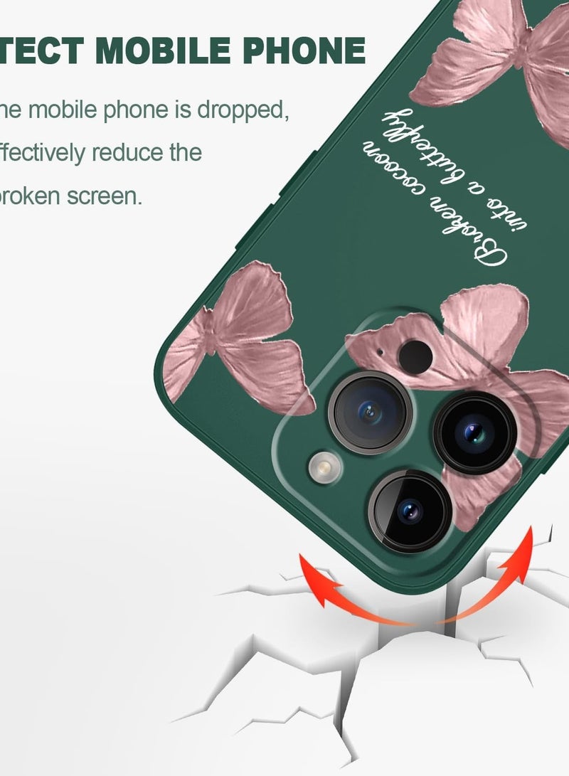 غطاء هاتف iPhone 12 Pro Max بتصميم زهرة فراشة فضائي لطيف، مع بطانة ناعمة من الألياف الدقيقة ومصنوع من السيليكون السائل النحيف، متوفر باللون الأخضر الداكن. - Image 2