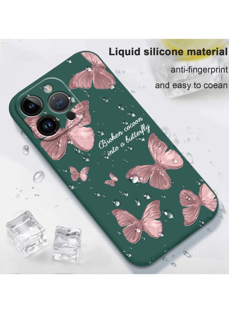 غطاء هاتف iPhone 12 Pro Max بتصميم زهرة فراشة فضائي لطيف، مع بطانة ناعمة من الألياف الدقيقة ومصنوع من السيليكون السائل النحيف، متوفر باللون الأخضر الداكن. - Image 4