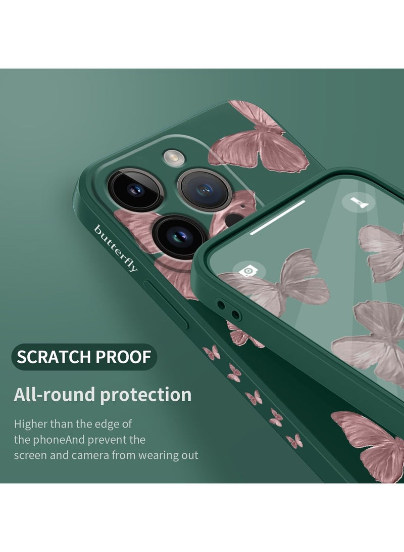 غطاء هاتف iPhone 12 Pro Max بتصميم زهرة فراشة فضائي لطيف، مع بطانة ناعمة من الألياف الدقيقة ومصنوع من السيليكون السائل النحيف، متوفر باللون الأخضر الداكن. - Image 5