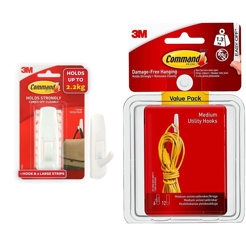 Command Command Self Adhesive Plastic Damage Free Wall Hooks 1 Large Hook and 2 Strips Holds 22kg White  - Image 1