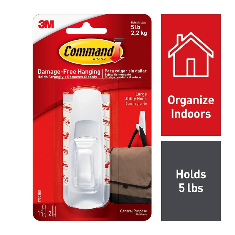 Command Command Self Adhesive Plastic Damage Free Wall Hooks 1 Large Hook and 2 Strips Holds 22kg White  - Image 2