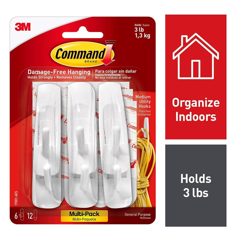 Command Command Self Adhesive Plastic Damage Free Wall Hooks 1 Large Hook and 2 Strips Holds 22kg White  - Image 5