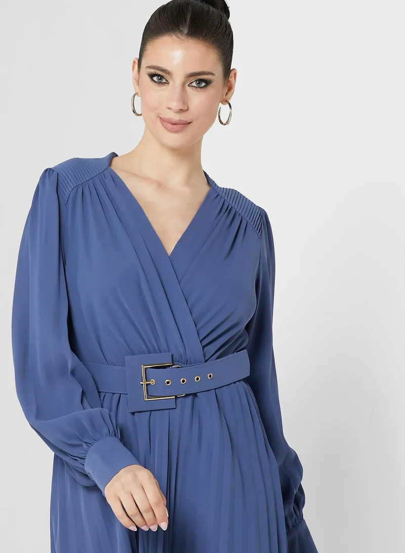 List Belted Plisse Dress