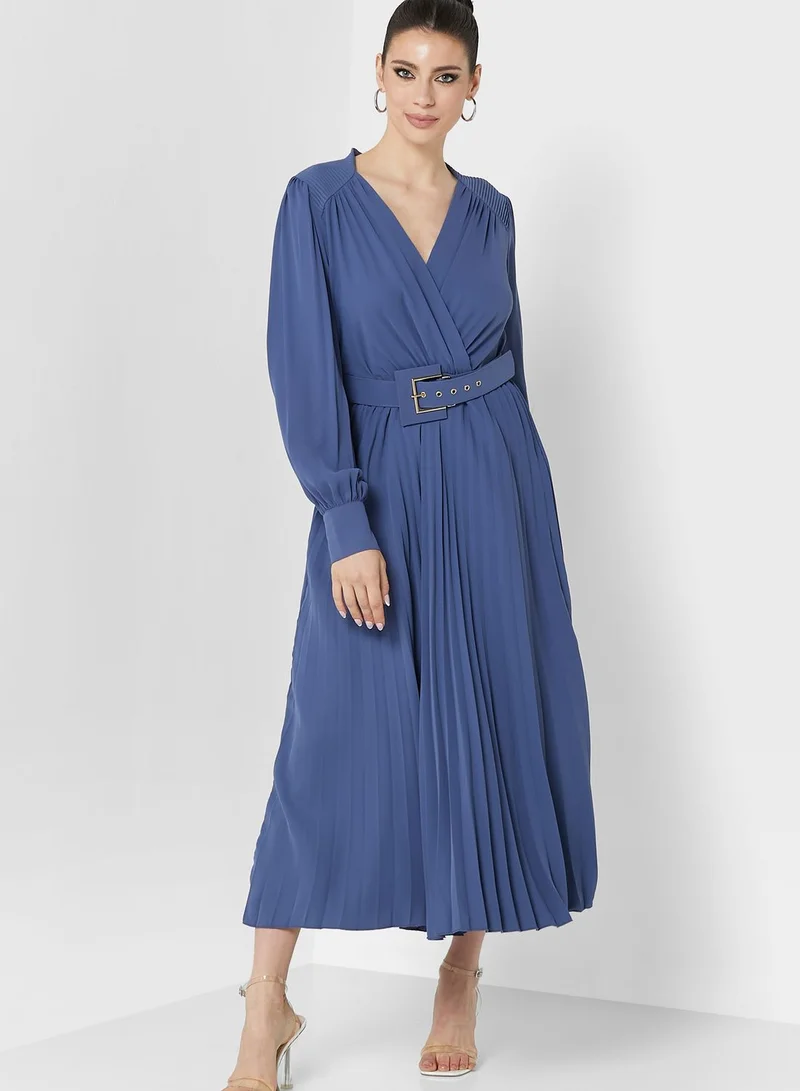 List Belted Plisse Dress