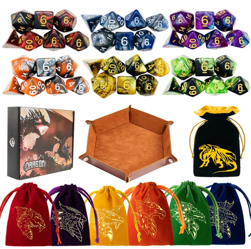TOYFUL 6 Sets DND Dice Polyhedral Dungeons and Dragons Rolling Dice for RPG MTG Table Games with Free Six Drawstring Bags and PU Leather DD Dice Tray Double with Brown Tray - Image 3