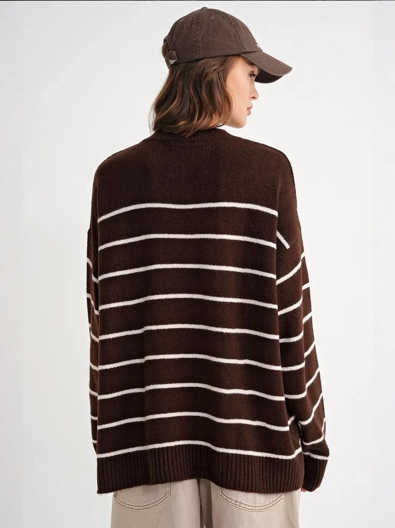 Mixray Coffee Brown Striped Crew Neck Relaxed Knit Pullover Sweater for Women | Best Price UAE