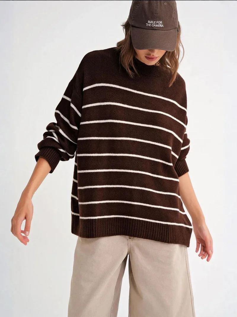 Mixray Coffee Brown Striped Crew Neck Relaxed Knit Pullover Sweater for Women | Best Price UAE